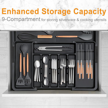 Silverware Organizer - Expandable Large Kitchen Drawer Organizer Utensil Organizer with 2 Removable Knife Blocks, 22"X 19"Cutlery Tray Drawer Dividers for Kitchen Flatware(6-9 Slots) (Black)8