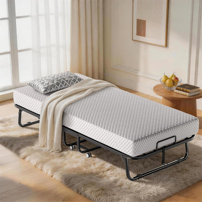 Folding Bed with Memory Foam Mattress, Portable Rollaway Guest Beds on Wheels, 75"X31" Twin Size Space-Saving Cot-Size Bed for Adults with Easy Assembly Metal Frame (Grey)2