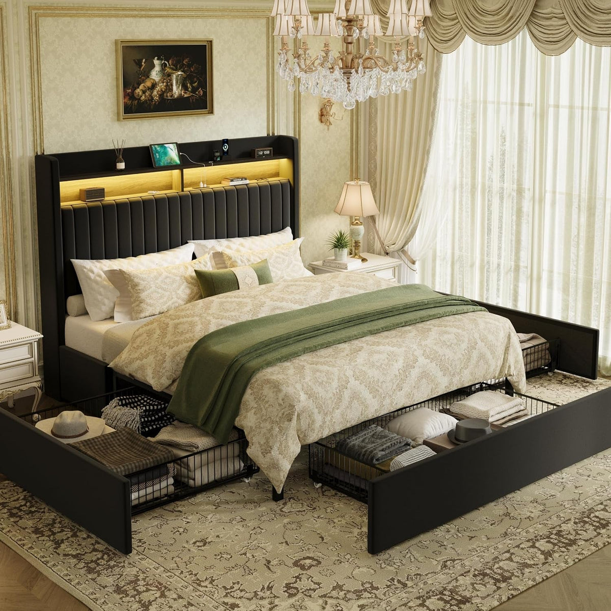 queen-upholstered-platform-bed-frame-with-3-spacious-storage-drawers-built-in-led-lights-charging-station-vertical-tufted-headboard-with-shelf-no-box-spring-needed-velvet-black