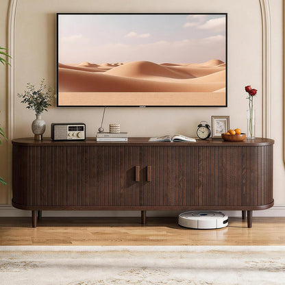 65" Mid Century Modern TV Stand with Power Outlet, Fluted Entertainment Center with Storage and Adjustable Shelves, Wood TV Console with Sliding Doors for Living Room, Walnut2