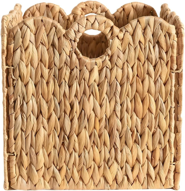 Scalloped Wicker Storage Cubes Basket, 12”X12“ Heavy Duty Paper Rope/Hyacinth/Seagrass Baskets for Shelves, Foldable Natural Boho Square Bins (Water Hyacinth&10.5 X 10.5 X 10.5In&4-Pack)8