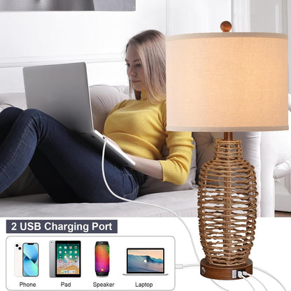 Rattan Table Lamps Set of 2 Wicker Lamps 3 Way Dimmable Touch Control Farmhouse Rustic Coastal Lamps with USB Port for Bedroom Living Room Office (LED Bulbs Included)5
