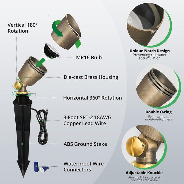 Solid Brass Low Voltage Compact Spotlight, 12V AC/DC Waterproof Outdoor Landscape Spot Lights for House Trees Garden Yard Lawn, up Light with 5W 2700K MR16 Bulb, Stake Included3
