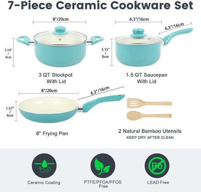 Pots and Pans Set 7 Piece, Non Stick Teal Ceramic Cookware Set | Compact Starter Cookware, Nonstick Pots and Pans Set, Induction Cookware, Kitchen Cooking Set, PFAS & PFOA Free2
