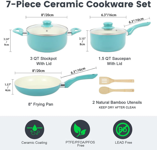 Pots and Pans Set 7 Piece, Non Stick Teal Ceramic Cookware Set | Compact Starter Cookware, Nonstick Pots and Pans Set, Induction Cookware, Kitchen Cooking Set, PFAS & PFOA Free2