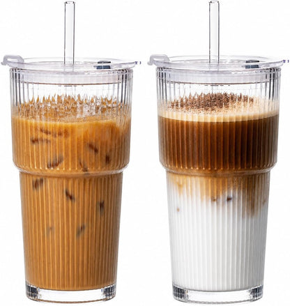 20Oz Iced Coffee Cups with Lids, Glass Coffee Cups with Lids and Straws | Clear Reusable Drinkware, Secure Leak-Resistant Lids, Cup-Holder Friendly, Ideal for Iced Coffee, Tea, Juice and Smoothies1