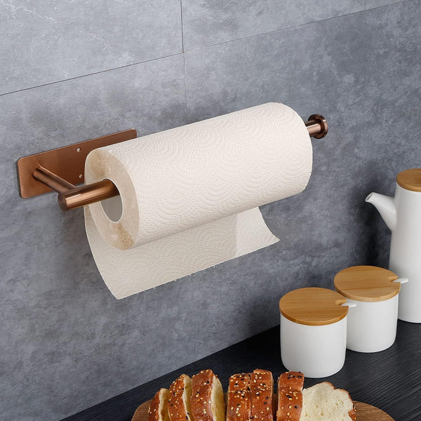 Paper Towel Holder - Self Adhesive Paper Towel Holder Wall Mount for Kitchen Rack， Adhesive Paper Towel Roll Rack for Bathroom Towel Kitchen ， Stainless Steel-Rose Gold2