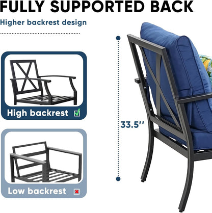 4 Piece Outdoor Patio Furniture Set, Oversized Metal Conversation Set with High Back & Deep Seating, Water-Repellent Cushions, Coffee Table for Porch, Deck, Backyard, Navy3