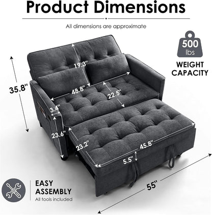 55'' 3 in 1 Convertible Sofa Bed with USB Charging Ports, Pull Out Couch with Adjustable Backrest and Side Pockets, Sleeper Sofa for Living Room, Apartment, RV, Easy Assembly - Dark Grey2