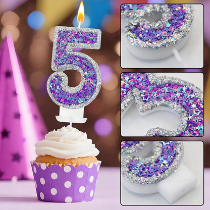 K-Pop Number 5 Birthday Candle, Star Glitter Filled Number Candle, Purple Silver Fantasy Cake Topper for Birthday Party Decoration3