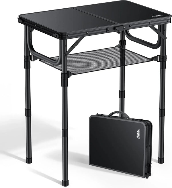 Folding Camping Table, 24"X 16" Adjustable Height Small Folding Table | with Storage Net, Aluminum Compact Folding Table, Lightweight, Portable Table for Outdoor Travel Cooking Picnic, Pure Black1