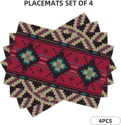 Aztec Placemats Set of 4 Ethnic Native Southwest Place Mats Red Brown Tribal Navajo Mexican Geometric Rectangle Table Mat Linen Washable Placemat for Party Kitchen Dining Decor 12X19 Inch2
