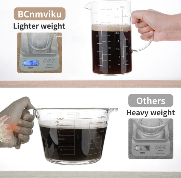 Glass Measuring Cup, Insulated Handle, V-Shaped Spout, High Borosilicate Glass Measuring Cup 1000ML、 /1 Liter, 4 Cup for Kitchen or Restaurant, Easy to Read (1000Ml-1Pcs)8