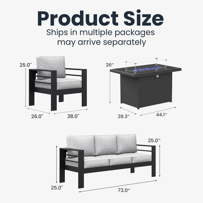 4 Pieces Modern Aluminum Patio Furniture Set with Fire Pit Table, Outdoor Conversation Sets Metal Sectional Sofa7