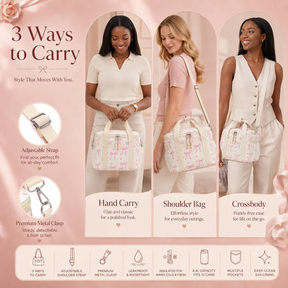 Lunch Box for Women and Girls, 9.4L Insulated Corduroy Leakproof Lunch Tote Bag with Wide Opening, Multiple Pockets and Adjustable Shoulder Strap for Work, School, Picnic and Travel, Beige Bow7