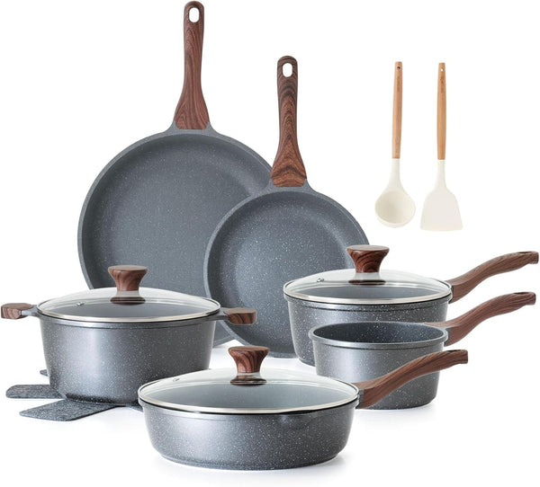 16Pcs Pots and Pans Set Non Stick, Granite Cookware Set PFOA Free | Induction Compatible, Even & Fast Heating, Easy to Clean, Durable, Healthy Kitchen Cooking Set Nonstick, Stay-Cool Handles1
