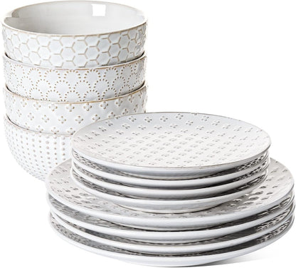 Ceramic Dishes Set for 4, 12 Piece Plates and Bowls Sets, Embossed Kitchen Dinnerware Sets, Chip Resistant, Microwave & Dishwasher Safe, Arctic White (8"&10" Plate, 26Oz Bowl)1