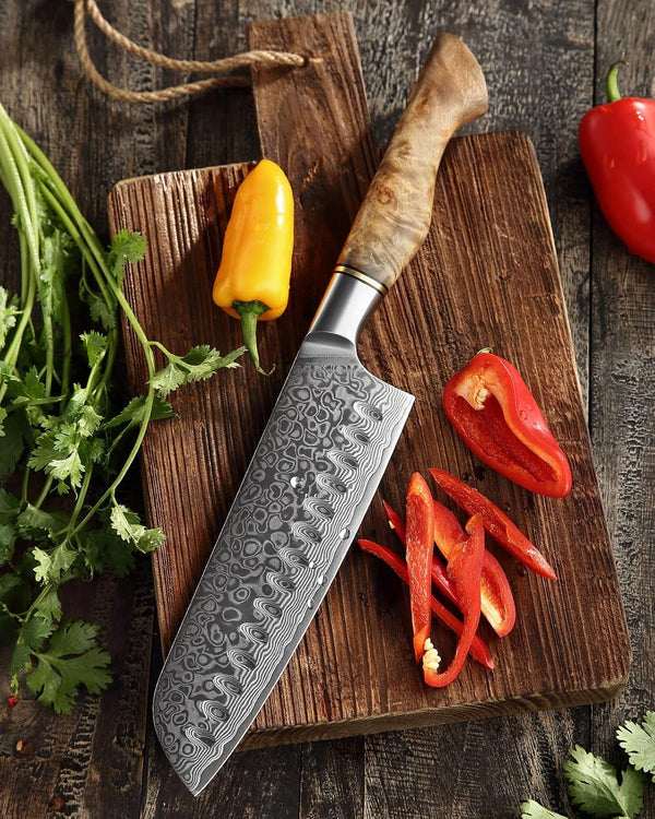 7” Santoku Knife, Damascus Steel Chef Knife, Asian Kitchen Knife Japanese Style, Figured Sycamore Wood Handle6