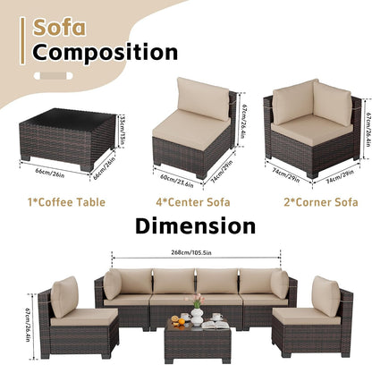 7 Pieces Outdoor Patio Furniture Sets,Rattan Conversation Sectional Set,Manual Weaving Wicker Patio Sofa with Tea Table5