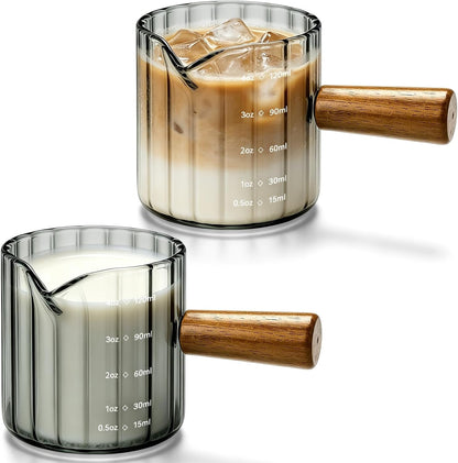 2 Pack Espresso Measuring Cups, 4Oz Borosilicate Glass Espresso Shot Glasses with Wood Handle, V-Shaped Spout Ribbed Milk Frothing Cup, Measuring Cup for Coffee, Latte, Cappuccino, Tea, Syrup1