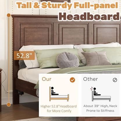 Wood Bed Frame Queen with Tall Headboard & Footboard, Traditional Queen Panel Bed with USB Charging Station for Bedroom, Guest Room, Easy Assembly, No Box Spring Required,Walnut4