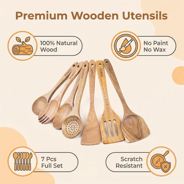 Wooden Cooking Utensils Set, 7 Piece Natural Acacia Kitchen Spoons for Cooking with Turner, Slotted Turner, Spatula, Salad Spoon and Fork5