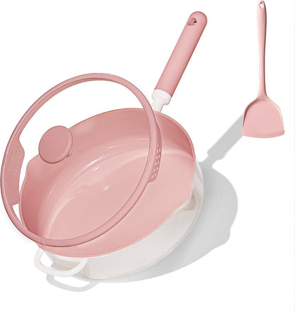 11 Inch Nonstick Deep Frying Pan with Lid, 5 Qt Chef Saute Pan with Pour Spout, Skillet Induction Cookware, Non Stick Cooking Pan Kitchen Pan, Healthy & PFOA/PFAS Free, Includes Spatula, Pink1