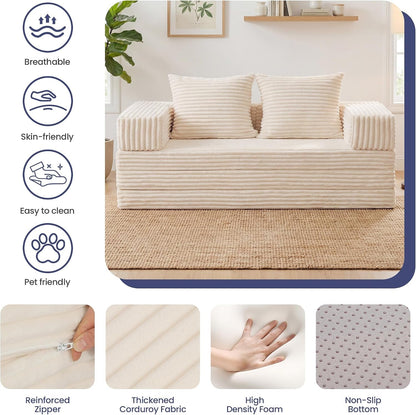 Convertible Sofa Bed, 4-In-1 Boneless Loveseat with Removable Armrests Backrest, Corduroy Futon Couch Bed with Pillow, Foldable Mattress Sleeper Sofa for Living Room Bedroom Small Place (Beige)4