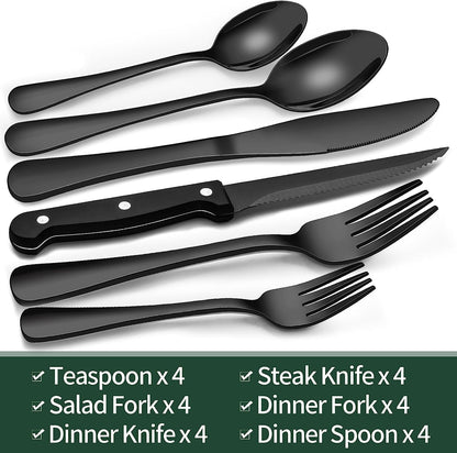 24-Piece Black Silverware Set with Steak Knives, Black Flatware Set for 4, Food-Grade Stainless Steel Tableware Cutlery Set, Mirror Finished Utensil Sets for Home Restaurant, round Edge2