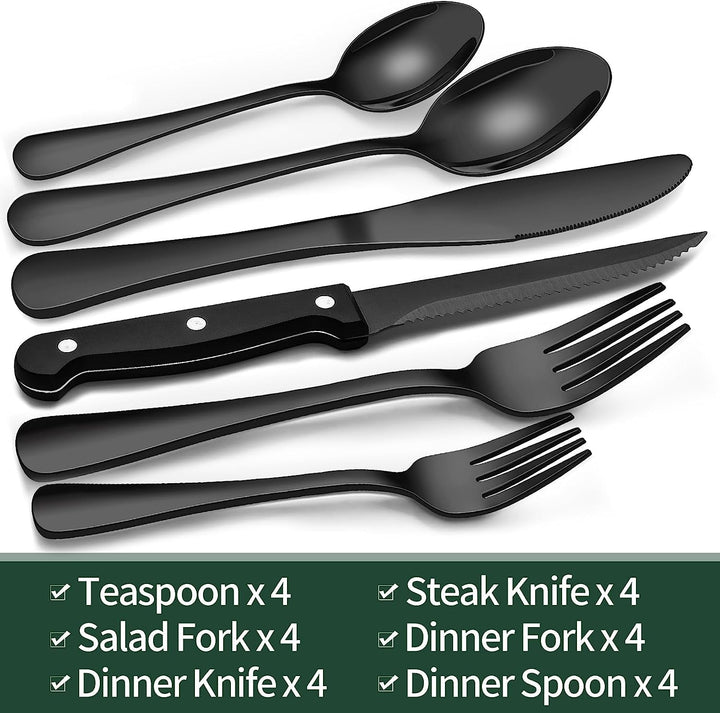 24-Piece Black Silverware Set with Steak Knives, Black Flatware Set for 4, Food-Grade Stainless Steel Tableware Cutlery Set, Mirror Finished Utensil Sets for Home Restaurant, round Edge+2