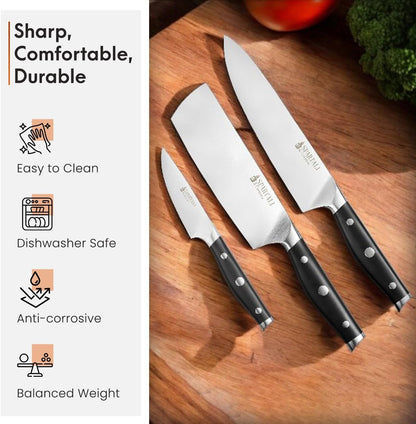 3-Piece Kitchen Knife Set – Includes 8” Chef Knife, 7” Nakiri, 3.5” Paring – High Carbon German Stainless Steel Blades, Ergonomic Handle – Versatile Knife Trio for Chopping, Dicing, and Slicing8