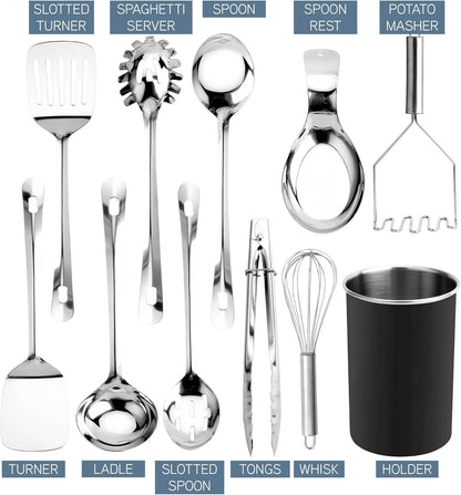 Kitchen Utensil Set - Premium Nonstick & Heat Resistant Kitchen Gadgets, Turner, Spaghetti Server, Serving Spoons, Whisk, Tongs, Masher & Utensil Holder, 10-Piece Black3