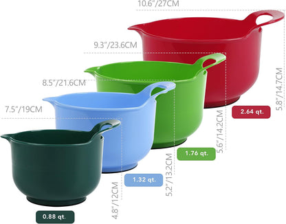4 Pack Nesting Mixing Bowl Christmas Set with Pour Spout and Handle, BPA Free Microwave & Dishwasher Safe(Christmas Colours, 4 Pack with Handle)3