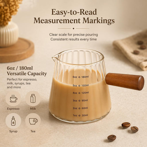 6 Oz Espresso Cups - Glass Measuring Cups with Spout - Ribbed Small Creamer Pitcher- Expresso Shots Cup with Wood Handle for Coffee Milk, Dishwasher Safe (Transparent, 1 Pack)5