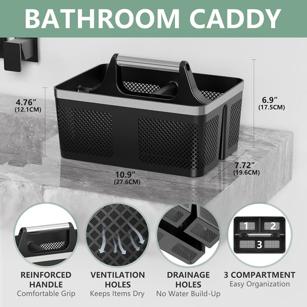 Black Shower Caddy Portable: Plastic Bathroom Caddy Organizer with Handle and Holes, Cleaning Caddy, Hard Shower Basket Storage Tote for Toiletry, College Dorm Room Essentials for Men2
