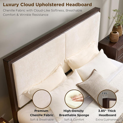 King Bed Frame W/Upholstered Headboard,Storage Bench,Walnut4
