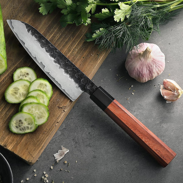 5.5 Inches Santoku Knife, Three-Layer Clad Steel, Professional Small Japanese Chef Knife, Ultra Sharp Blade, Red Wood Octagonal Handle8