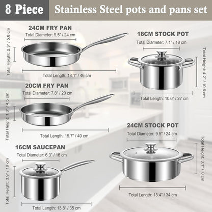 Stainless Steel Pots and Pans Set, 8 Piece Kitchen Induction Cookware Sets with Glass Lids, Works with Induction, Electric and Gas Cooktops, Non Toxic, Oven & Dishwasher Safe2