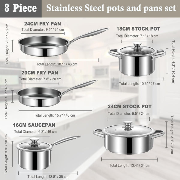 Stainless Steel Pots and Pans Set, 8 Piece Kitchen Induction Cookware Sets with Glass Lids, Works with Induction, Electric and Gas Cooktops, Non Toxic, Oven & Dishwasher Safe2