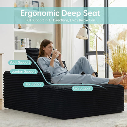 Boneless Couch Chaise Lounge Chair, 54" Oversized Cloud Sofa with Deep Seat, Plush Corduroy Reading Chair for Living Room, Bedroom, Reading Nook, Apartment, Gaming Room & Movie Nights, Black3