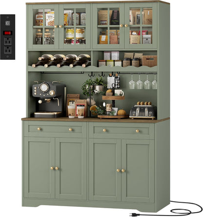 75" Kitchen Pantry Storage Cabinet, Coffee Bar Hutch Cabinet, Green | Tall Pantry Cabinet with Charging Station / Wide Countertop / Glass Doors / Wine Rack / Cup Holder / Drawers, Dining Room1