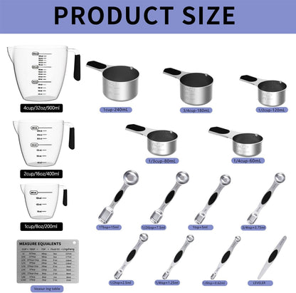 Measuring Cups and Spoons Set,Magnetic Measuring 5 Cups 7 Spoons & 1 Leveler, 3 Plastic Measuring Cup with 1 Measuring Conversion Chart, Metal Stainless Steel for Baking & Cooking6