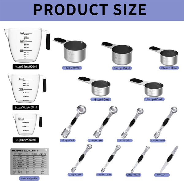 Measuring Cups and Spoons Set,Magnetic Measuring 5 Cups 7 Spoons & 1 Leveler, 3 Plastic Measuring Cup with 1 Measuring Conversion Chart, Metal Stainless Steel for Baking & Cooking6