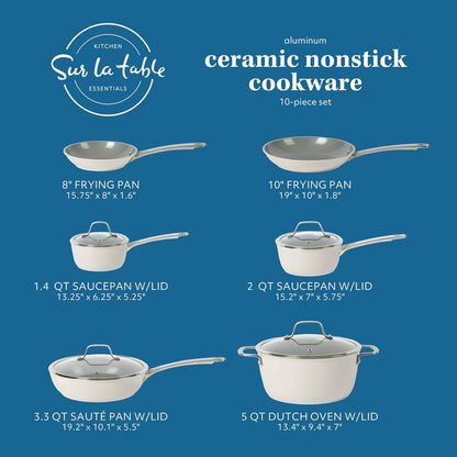 Sur La Table Kitchen Essentials 10 Piece PFA Free Non-Toxic Titanium Ceramic Nonstick Interior Forged Aluminum Cookware Pots and Pans Set - Linen White - Induction Compatible2