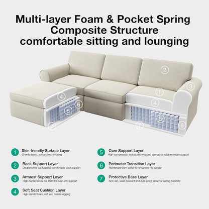108" Modular Sectional Sofa, Modular Sectional Couches for Living Room Bedroom, Chenille Removable Cover Cloud Couch with Smarts Coil® Support L-Shaped Couch(Beige, 3 Seater + 1 Ottoman)9