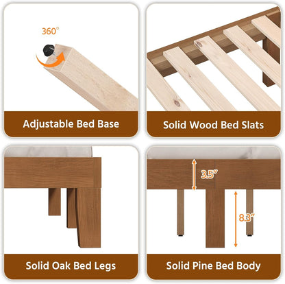 Queen Size Solid Wood Platform Bed Frame with LED Headboard, Remote & App Control, Dimmable & Color-Changing Lighting, Solid Pine & Oak Construction, No Box Spring Needed, Natural Oak Finish7