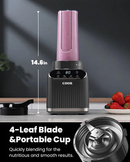 Professional Blender for Kitchen, 1200 Peak Watts Smoothie Blender, 5 Functions for Ice Crushing & Frozen Fruit, 52 Oz Glass Jar & 24 Oz To-Go Cup Combo, Self-Cleaning, Gray5