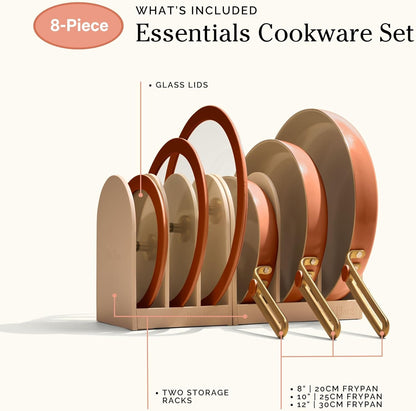 Our Place Essentials Complete Cookware Set, 8-Piece Ceramic Fry Pan Set | Ceramic Pan Trio & Modular Storage Rack Included, Thermakind Nonstick, All-Cooktop Compatible, Oven Safe up to 450°F7