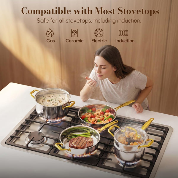 Stainless Steel Cookware Set, Tri-Ply Pots and Pans Set, 26 Piece Kitchen Cooking Utensils Set with Lids, Gold Grip Handles, Induction, Oven, Non-Toxic, Dishwasher Safe, Professional Chef Quality5