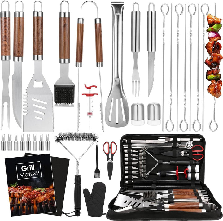 BBQ Grilling Accessories Set, 34Pcs Heavy Duty Grill Tools, Brown | for Outdoor Camping, Grilling Gifts for Fathers Day, Men Dad, Stainless Steel Barbecue Utensils Kit, Includes Mats and Glove